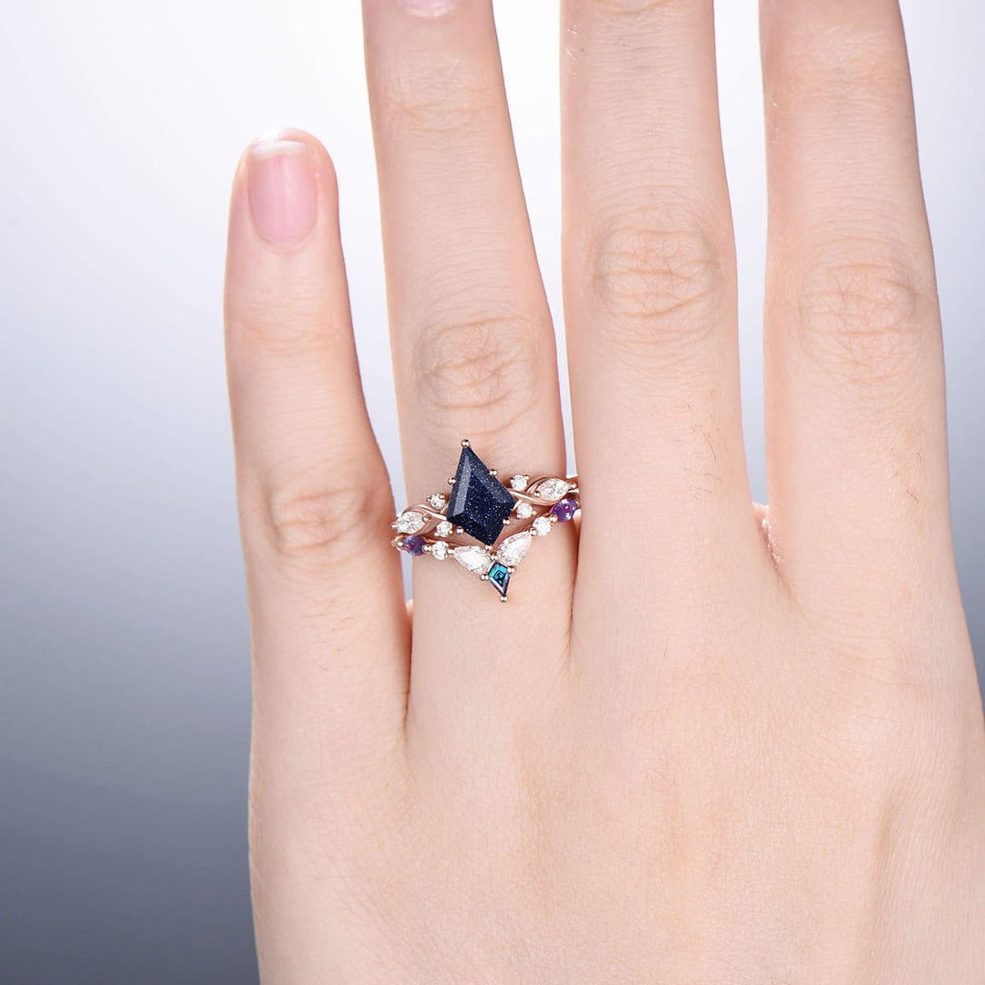 Unique Starry Sky Kite Cut Blue Sandstone Engagement Ring Set Kite Alexandrite Moissanite Bridal Set Antique Art Deco Wedding Ring Set - PENFINE