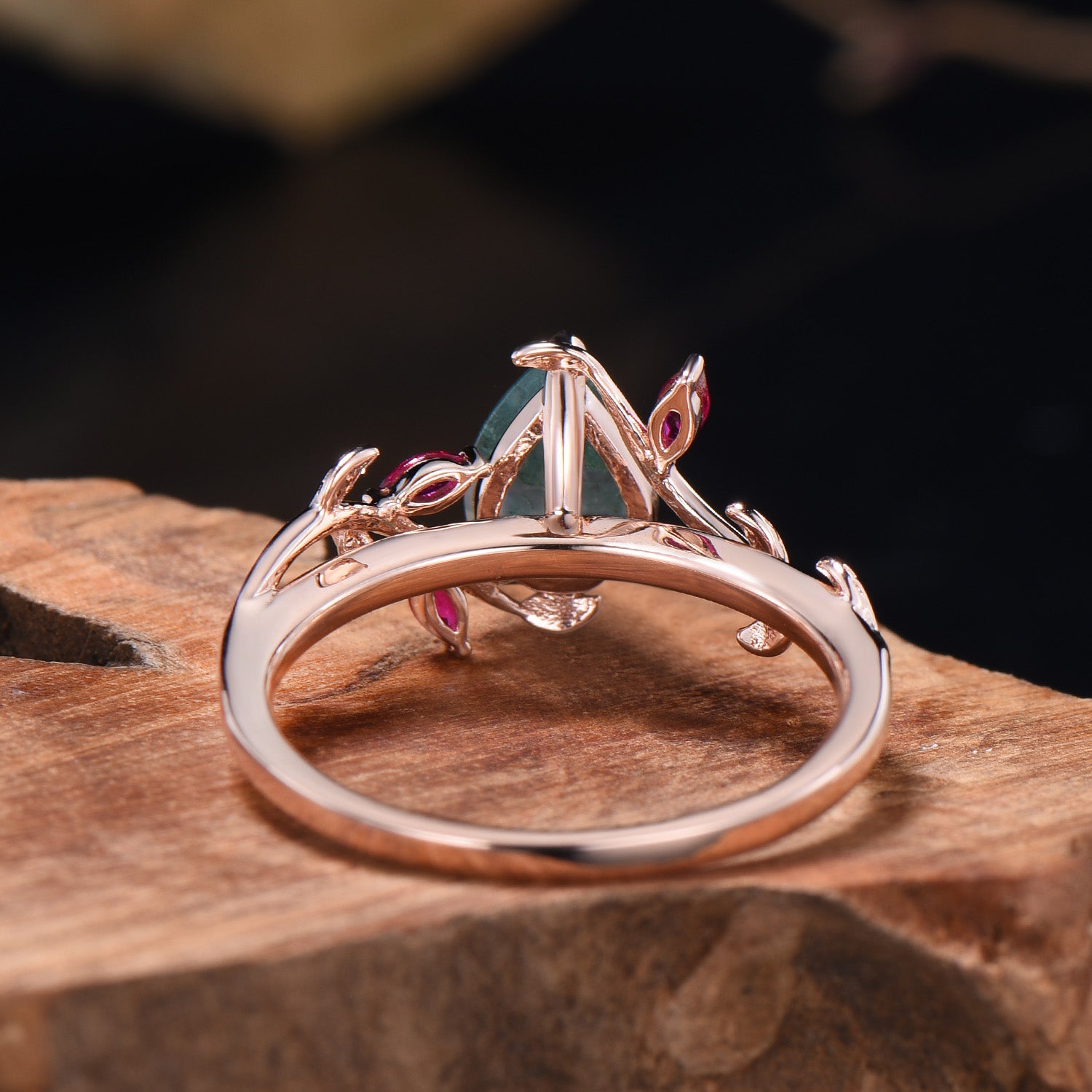 Nature Inspired Moss Agate Ring Leaf Marquise Cut Ruby Ring - PENFINE