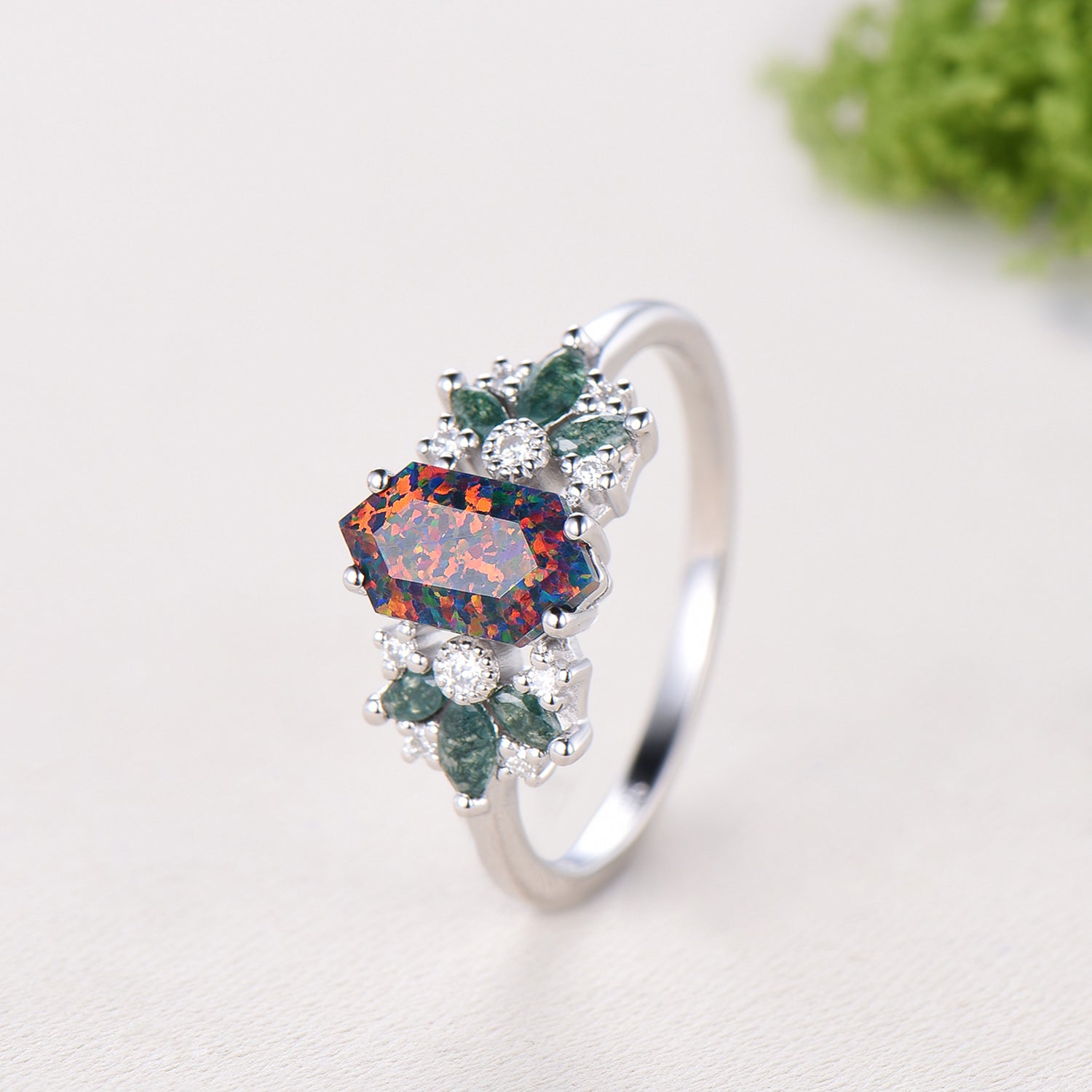 Vintage Art Deco Hexagon Cut Black Opal Engagement Ring, Moss Agate Accents
