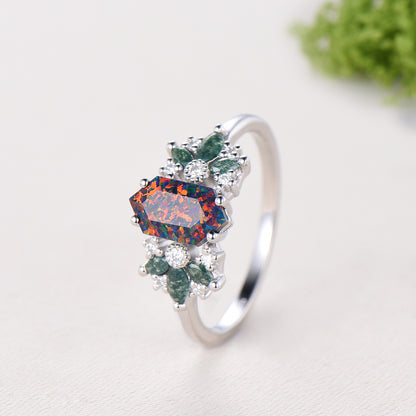 Vintage Art Deco Hexagon Cut Black Opal Engagement Ring, Moss Agate Accents