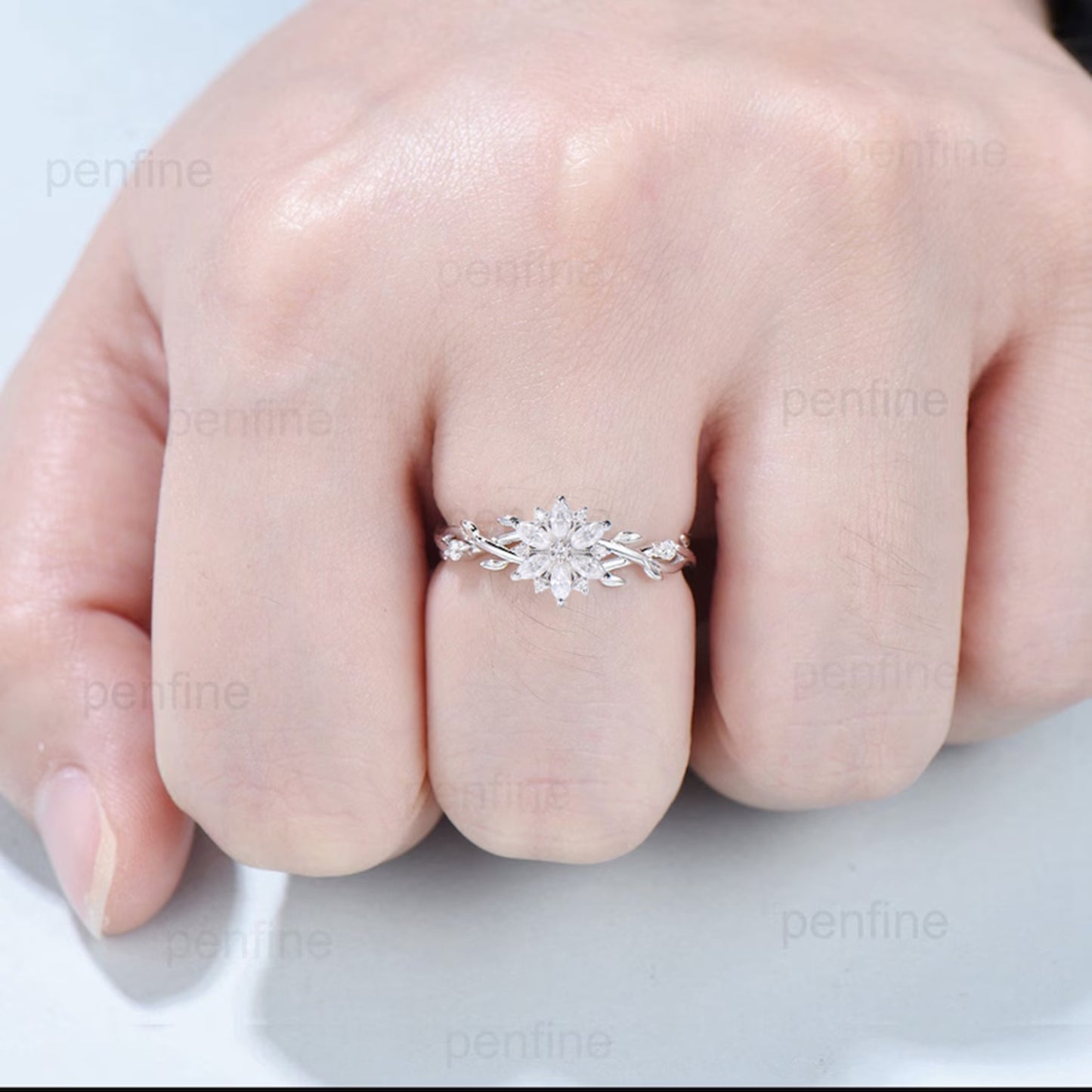 Elegant Snowflake Marquise Moissanite Diamond Ring with Twisted Branch Band - PENFINE