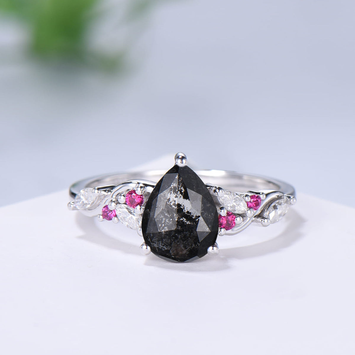 Pear Cut Salt and Pepper Diamond Engagement Ring Set with Ruby Accents & Moon Star Matching Band
