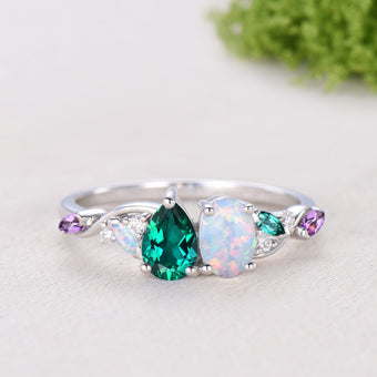Unique Pear Cut Emerald Oval Cut Opal Toi et Moi Ring,Amethyst Moissanite Cluster Engagement Ring