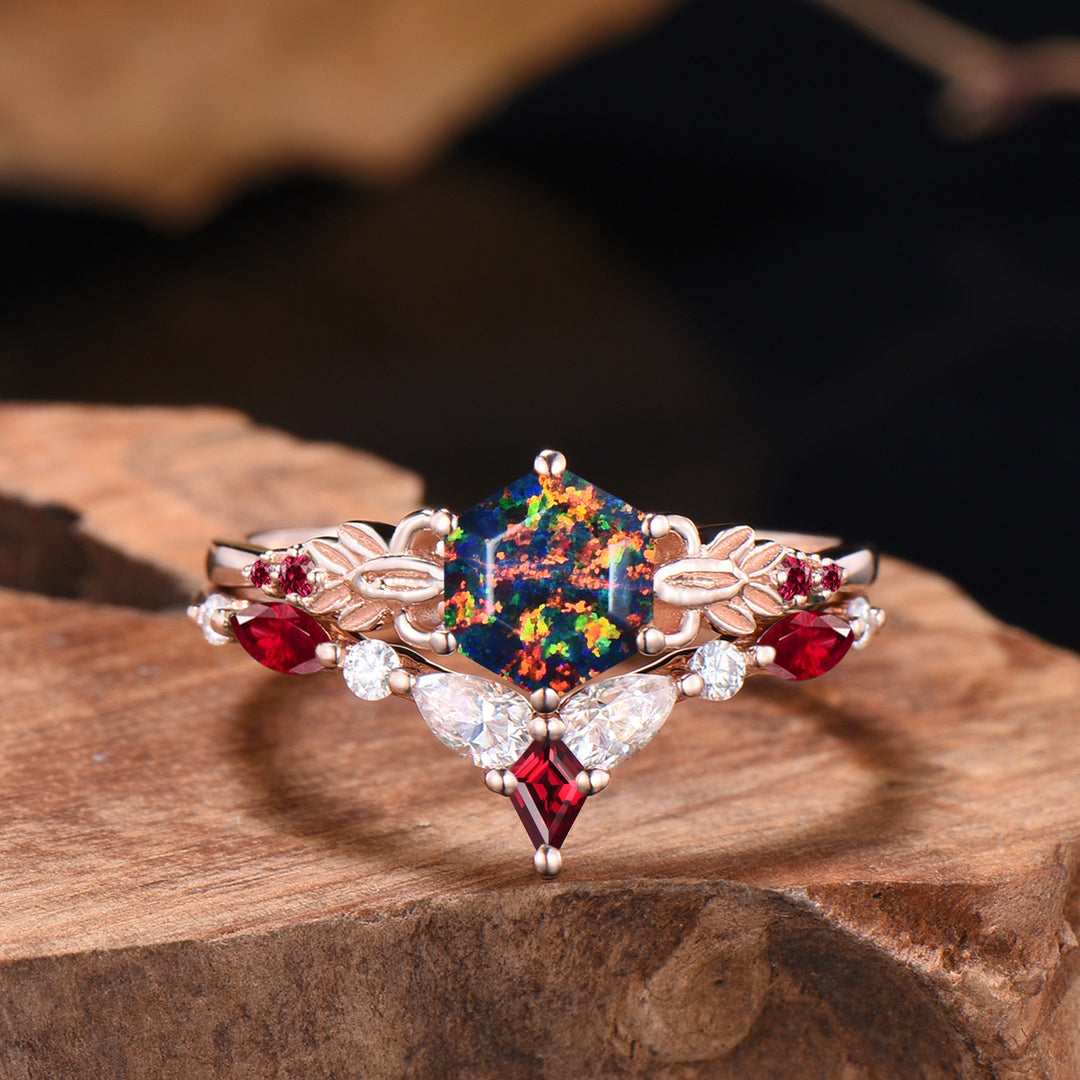 Nature Inspired Balck Fire Opal Engagement Ring Set Flower Leaf Vine Moissanite Wedding Set - PENFINE