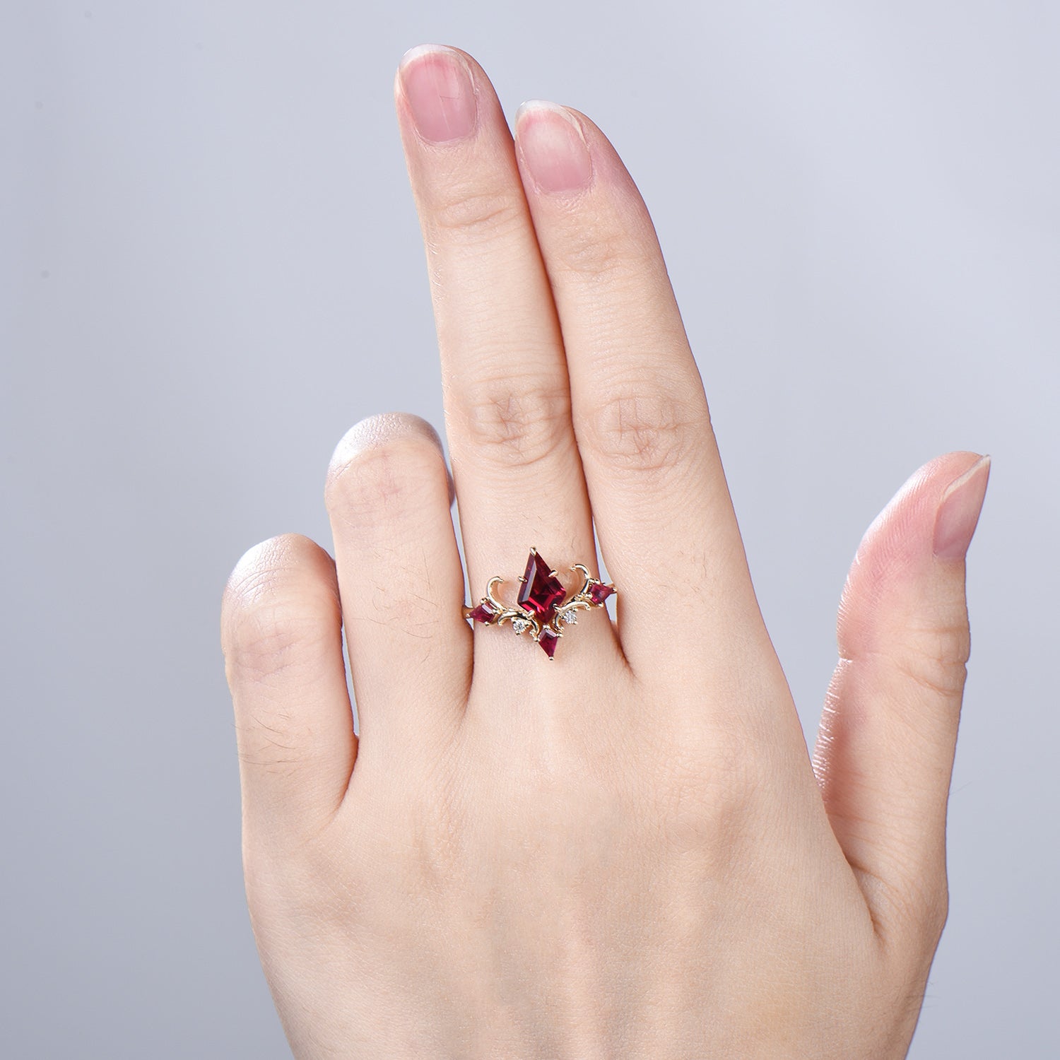 Unique Kite Cut Ruby Engagement Ring Rose Gold Four Max - PENFINE