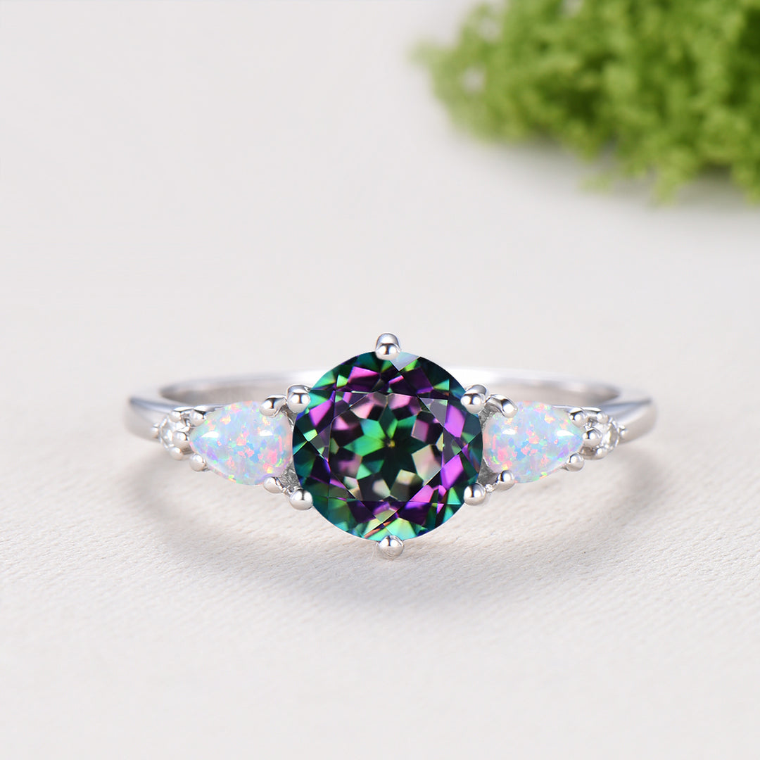Vintage Mystic Topaz Engagement Ring Set, Five Stone Teardrop Fire White Opal Wedding Bridal Set