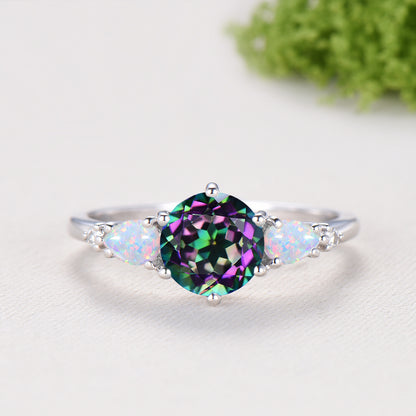 Vintage Mystic Topaz Engagement Ring Set, Five Stone Teardrop Fire White Opal Wedding Bridal Set