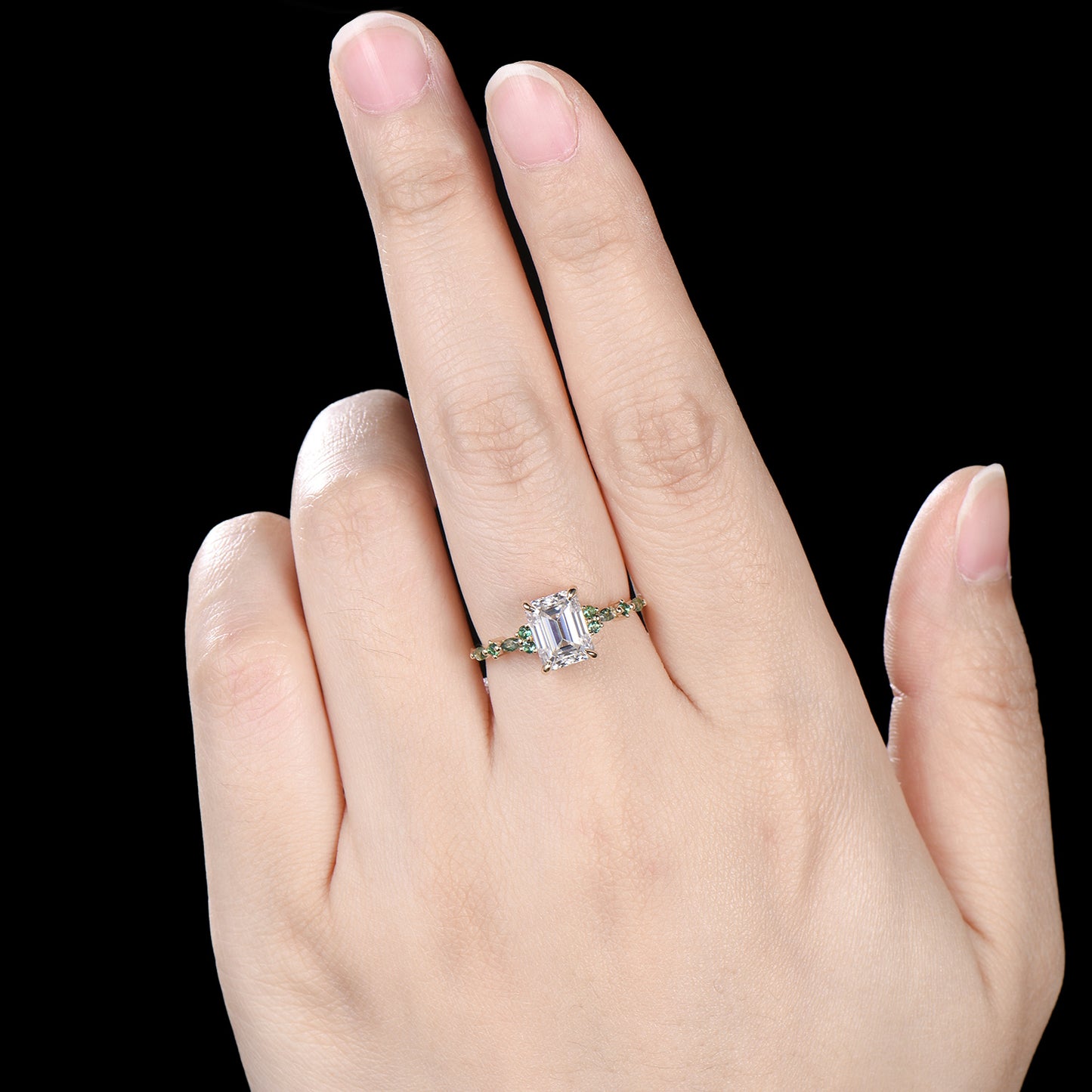 Vintage Emerald Cut Moissanite Engagement Ring Unique Marquise Moss Agate Moissanite Wedding Ring Art Deco Minimalsit Anniversary Ring Gift