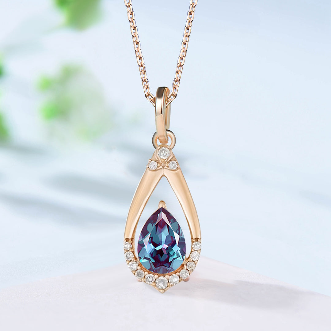 Vintage Teardrop Alexandrite Pendant Necklace June Birthstone Art Deco  Color changing Stone Pendant Necklace Cute Anniversary Gift Women - PENFINE