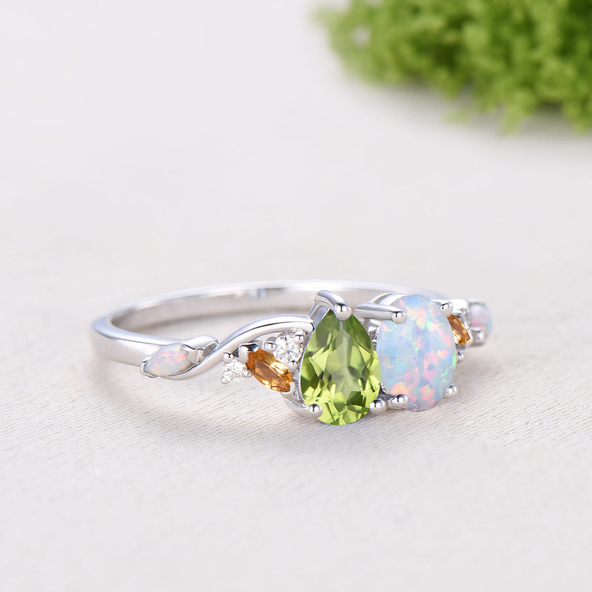 Multi Gems Pear Cut Natural Peridot Oval Cut Opal Toi et Moi Ring,Citrine Cluster Engagement Ring