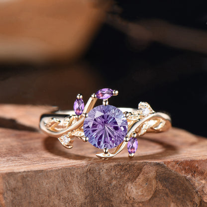 Alexandrite Engagement Ring, Marquise Gems, Twig Leaf Inspired, Handmade