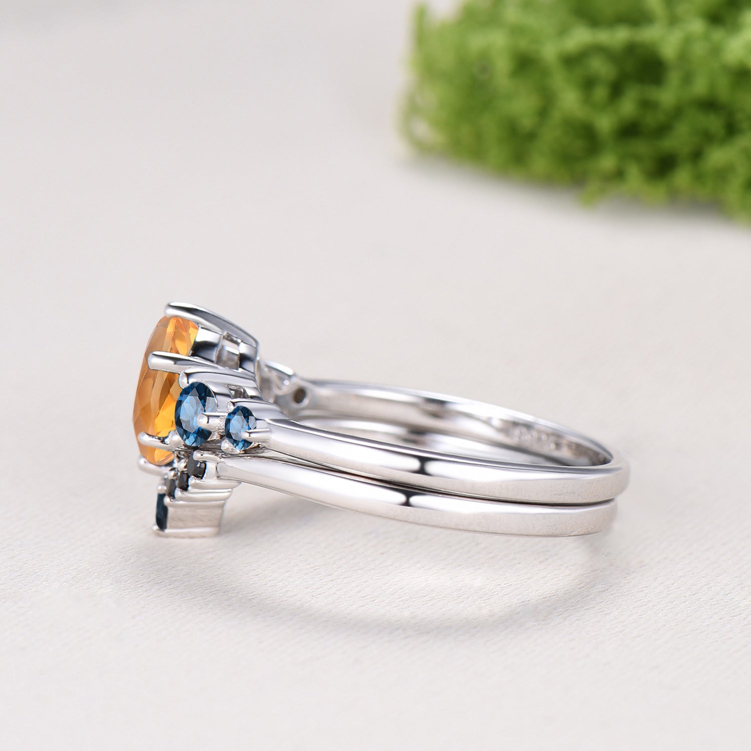 Dainty Natural Citrine Engagement Ring, Five Stone London Blue Topaz Wedding Band, November Birthstone Bridal Set