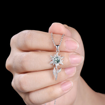 Dainty Moss Agate Sunflower Pendant Necklace, Nature Inspired 14K Gold Solitaire Charm