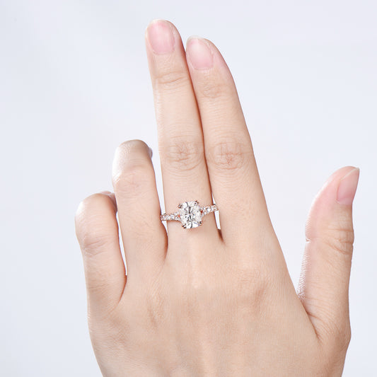 Elongated Cushion Cut Moissanite Engagement Ring, Rose Gold Pave Diamond Split Shank Ring - PENFINE