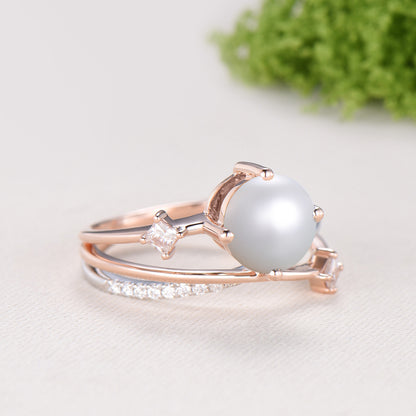 Unique Two Tone Pearl Engagement Ring , Split Shank Twisted Diamond Band