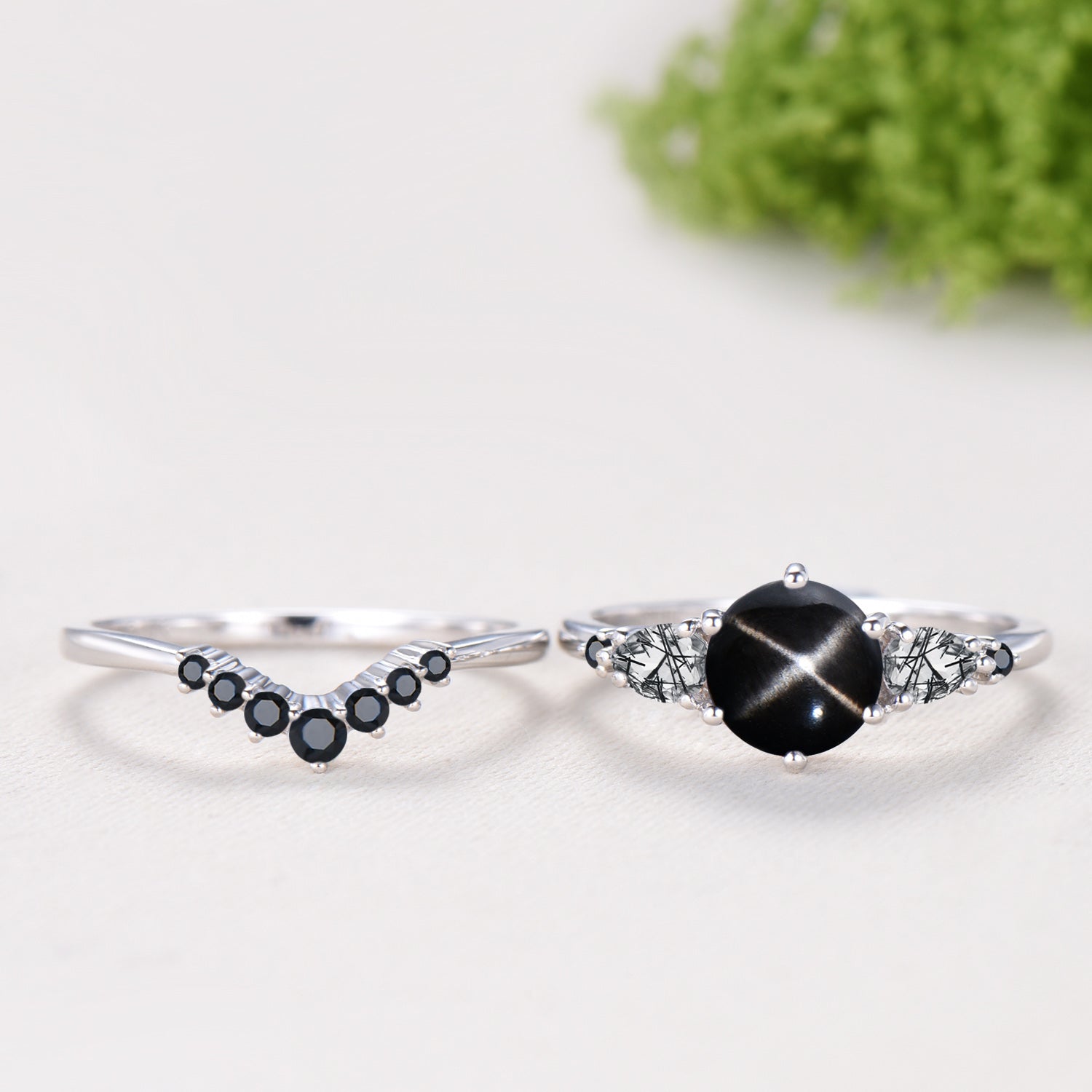 Vintage Black Star Diopside Engagement Ring Set, Pear Rutilated Quartz Wedding Bridal Set, Curved Spinel Matching Band