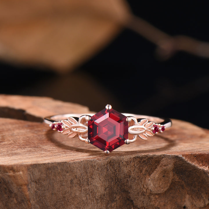 Nature Inspired Ruby Engagement Ring Set Art Deco Floral Flower Moissanite Wedding Set For Women (Copy) - PENFINE