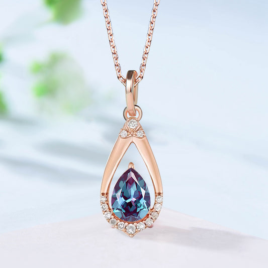 Vintage Teardrop Alexandrite Pendant Necklace June Birthstone Art Deco Color changing Stone Pendant Necklace Cute Anniversary Gift Women - PENFINE