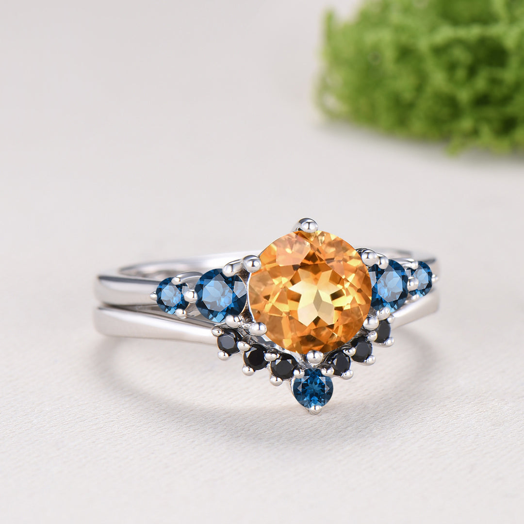 Dainty Natural Citrine Engagement Ring, Five Stone London Blue Topaz Wedding Band, November Birthstone Bridal Set