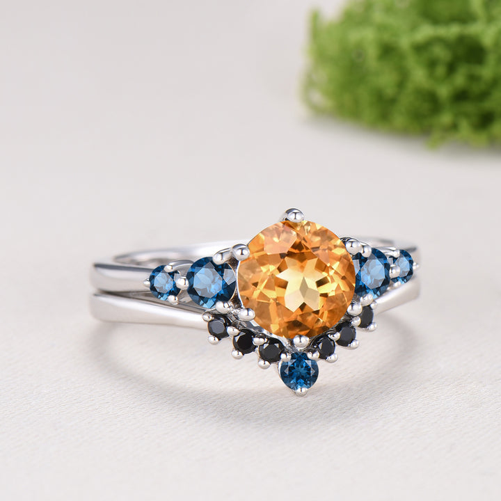 Dainty Natural Citrine Engagement Ring, Five Stone London Blue Topaz Wedding Band, November Birthstone Bridal Set