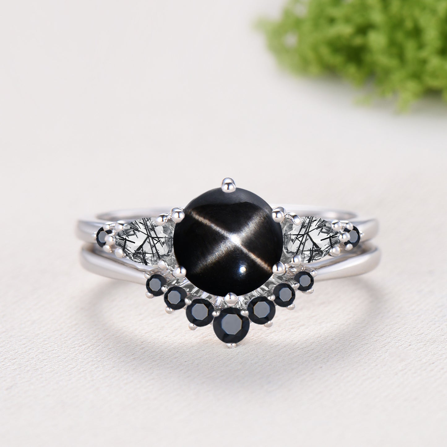 Vintage Black Star Diopside Engagement Ring Set, Pear Rutilated Quartz Wedding Bridal Set, Curved Spinel Matching Band