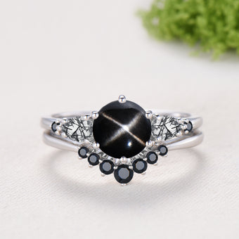 Vintage Black Star Diopside Engagement Ring Set, Pear Rutilated Quartz Wedding Bridal Set, Curved Spinel Matching Band