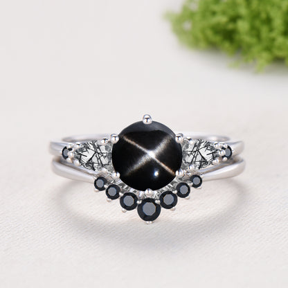 Vintage Black Star Diopside Engagement Ring Set, Pear Rutilated Quartz Wedding Bridal Set, Curved Spinel Matching Band