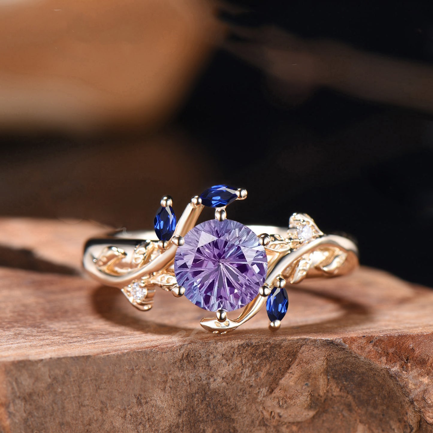 Alexandrite Engagement Ring, Marquise Gems, Twig Leaf Inspired, Handmade