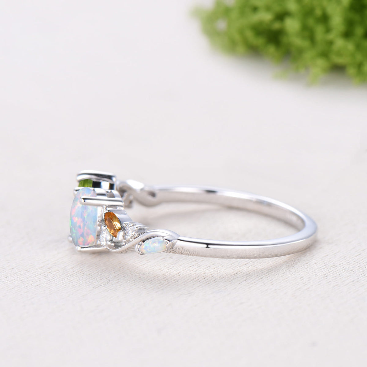 Multi Gems Pear Cut Natural Peridot Oval Cut Opal Toi et Moi Ring,Citrine Cluster Engagement Ring