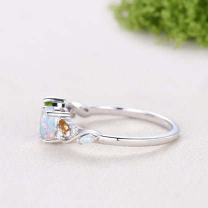 Multi Gems Pear Cut Natural Peridot Oval Cut Opal Toi et Moi Ring,Citrine Cluster Engagement Ring