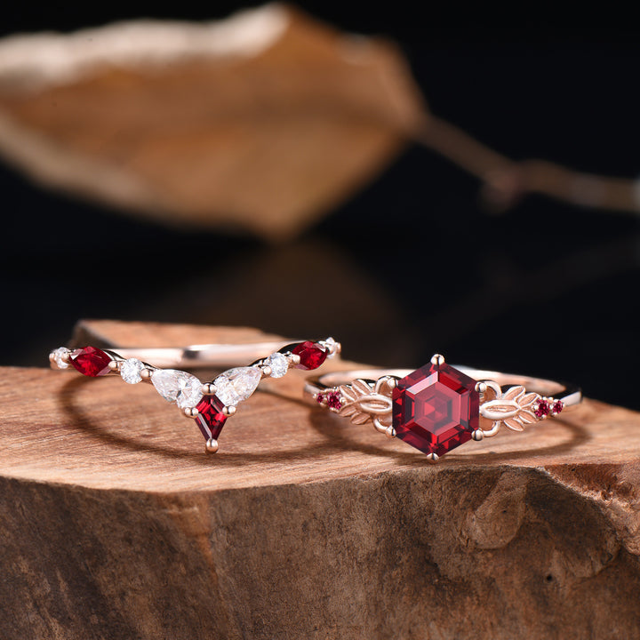 Nature Inspired Ruby Engagement Ring Set Art Deco Floral Flower Moissanite Wedding Set For Women (Copy) - PENFINE
