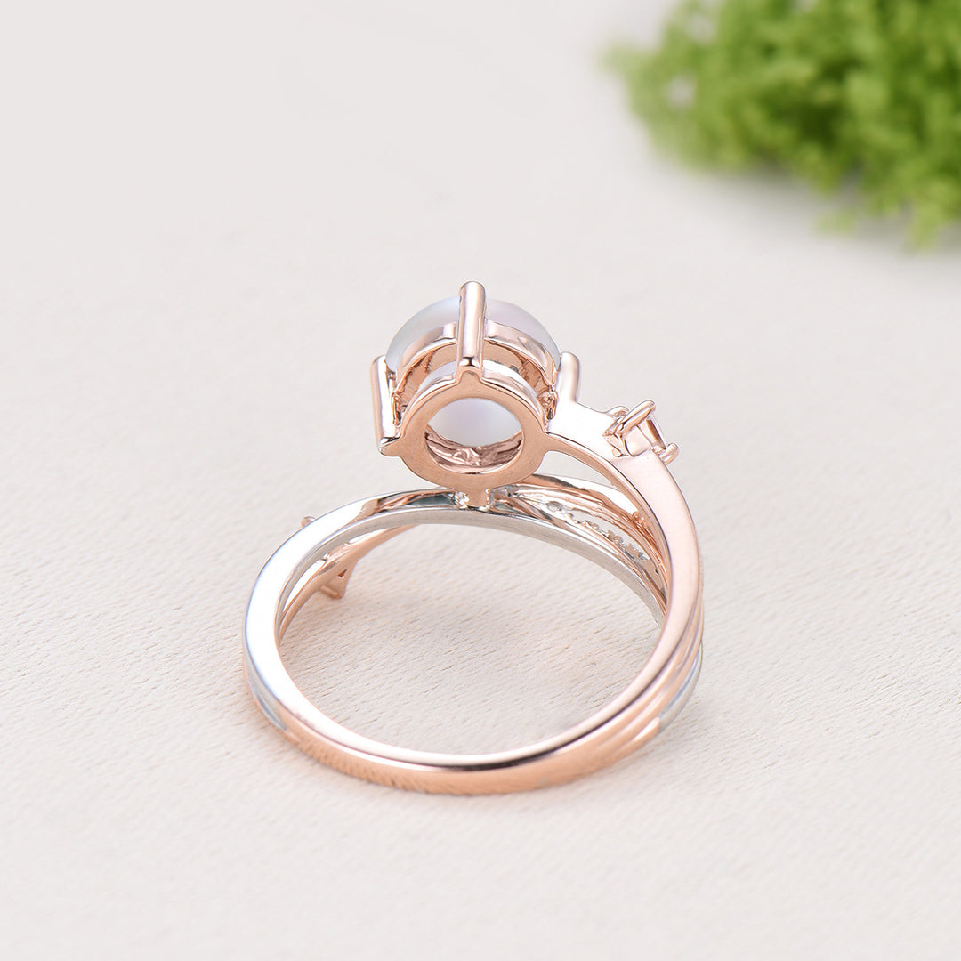 Unique Two Tone Pearl Engagement Ring , Split Shank Twisted Diamond Band