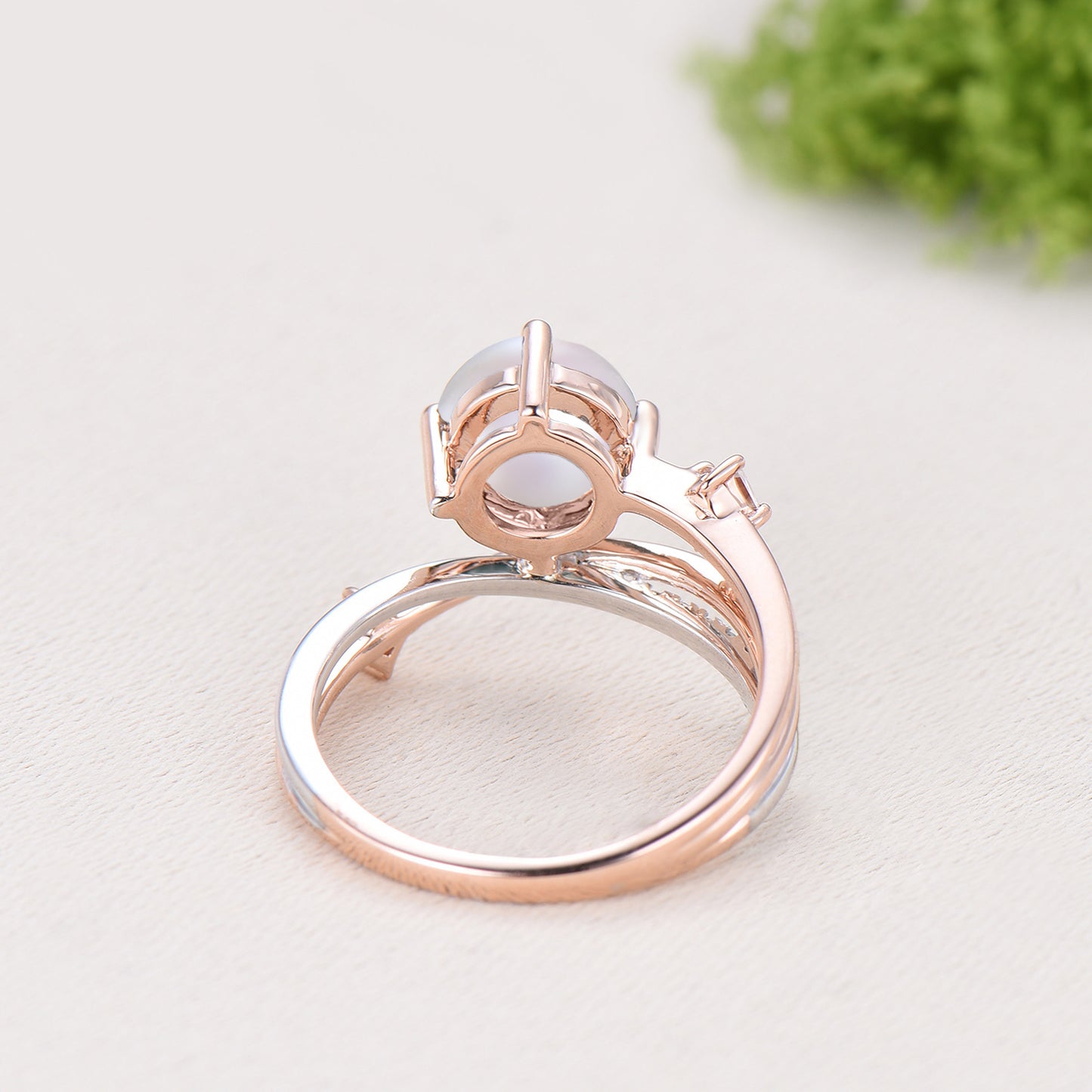 Unique Two Tone Pearl Engagement Ring , Split Shank Twisted Diamond Band