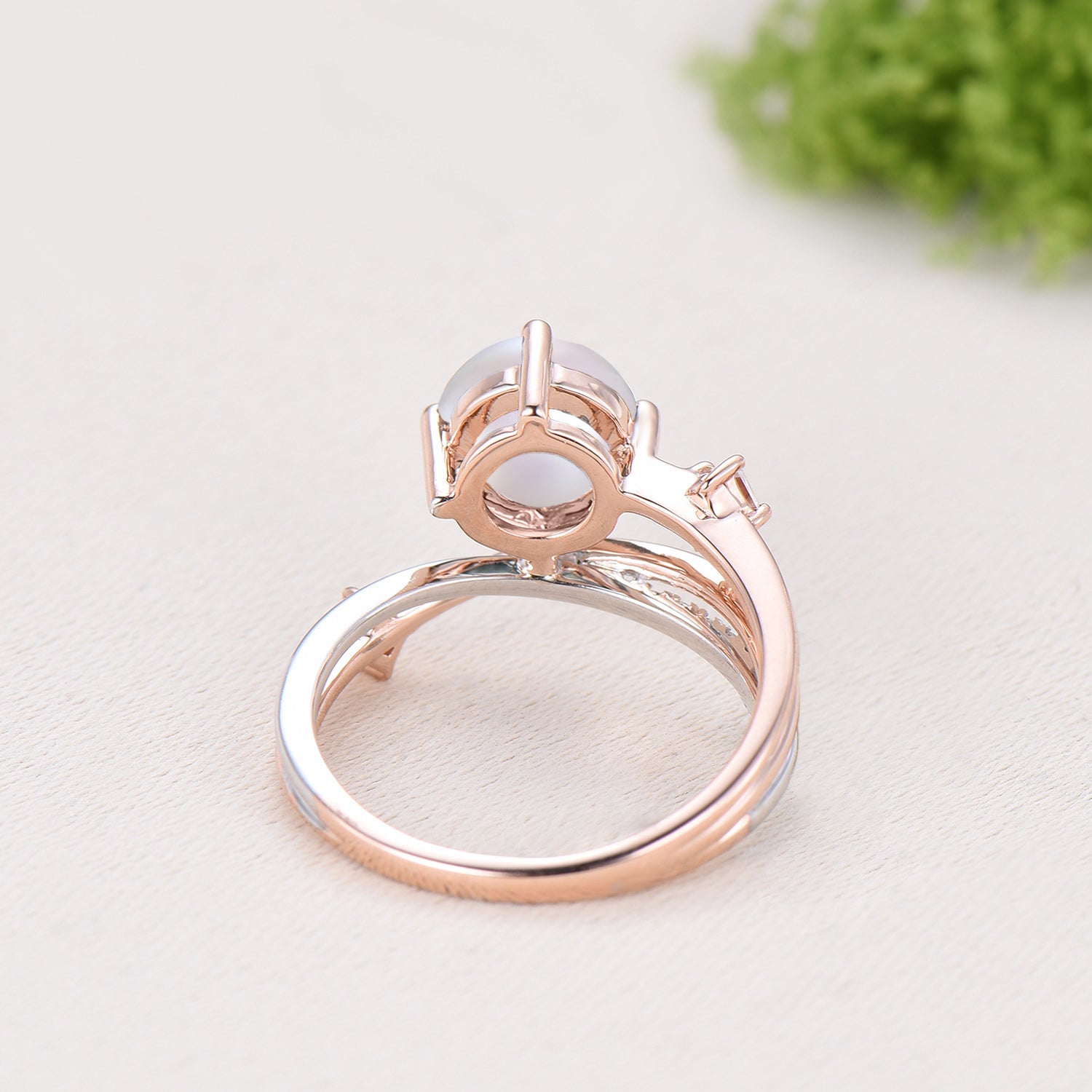Unique Two Tone Pearl Engagement Ring , Split Shank Twisted Diamond Band