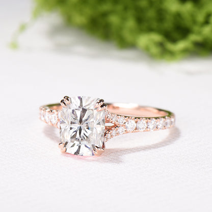 Elongated Cushion Cut Moissanite Engagement Ring, Rose Gold Pave Diamond Split Shank Ring - PENFINE