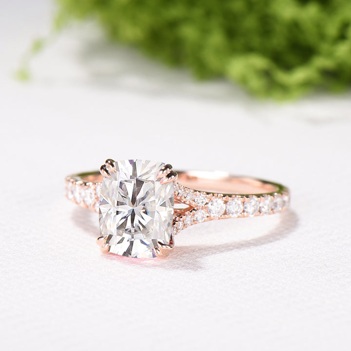 Elongated Cushion Cut Moissanite Engagement Ring, Rose Gold Pave Diamond Split Shank Ring - PENFINE