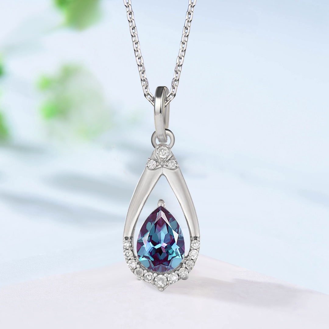 Vintage Teardrop Alexandrite Pendant Necklace June Birthstone Art