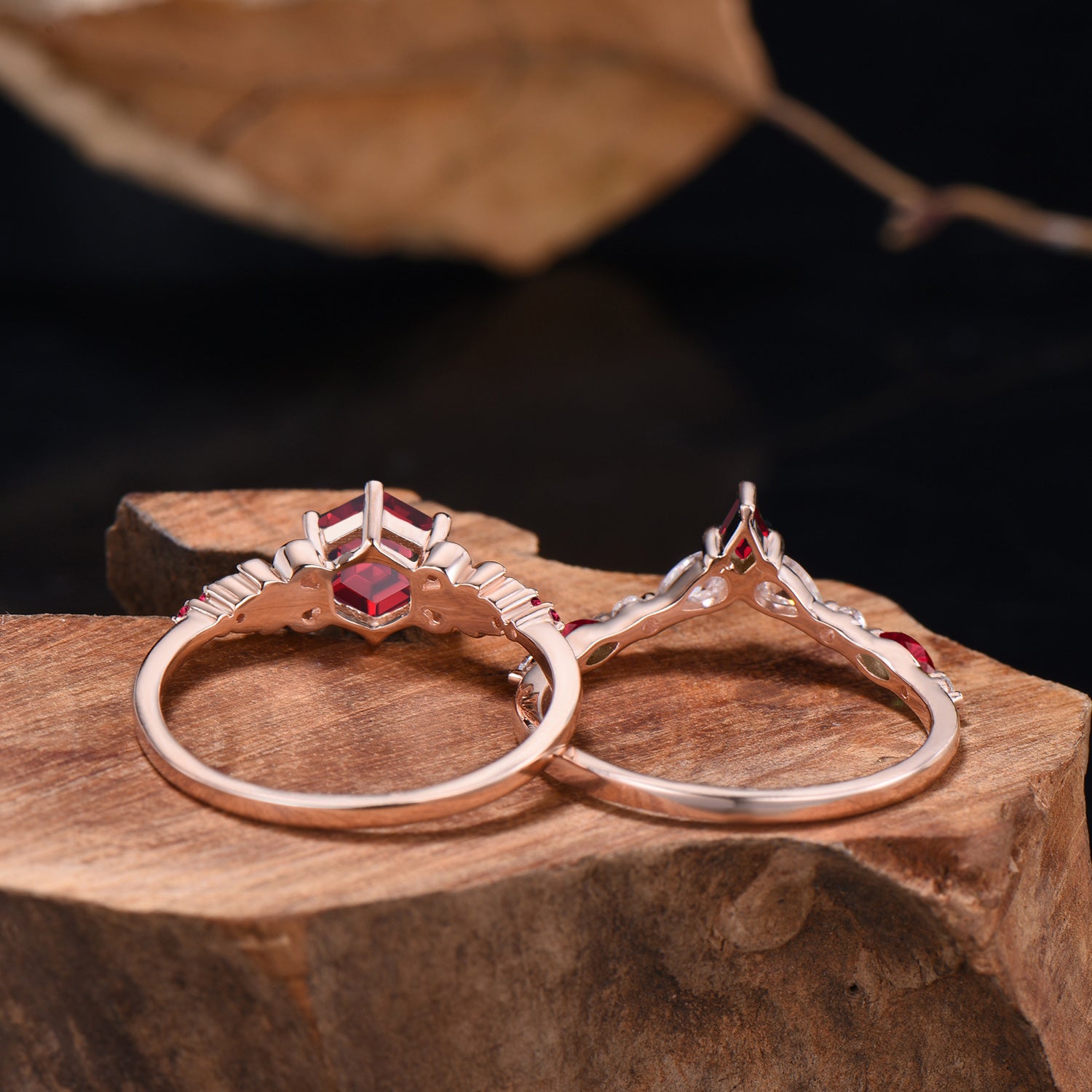 Nature Inspired Ruby Engagement Ring Set Art Deco Floral Flower Moissanite Wedding Set For Women (Copy) - PENFINE