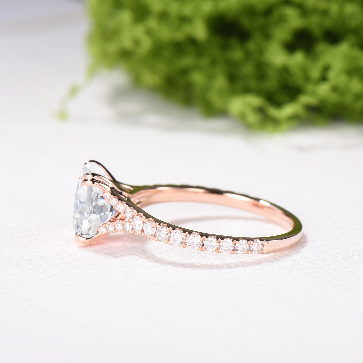 Elongated Cushion Cut Moissanite Engagement Ring, Rose Gold Pave Diamond Split Shank Ring - PENFINE
