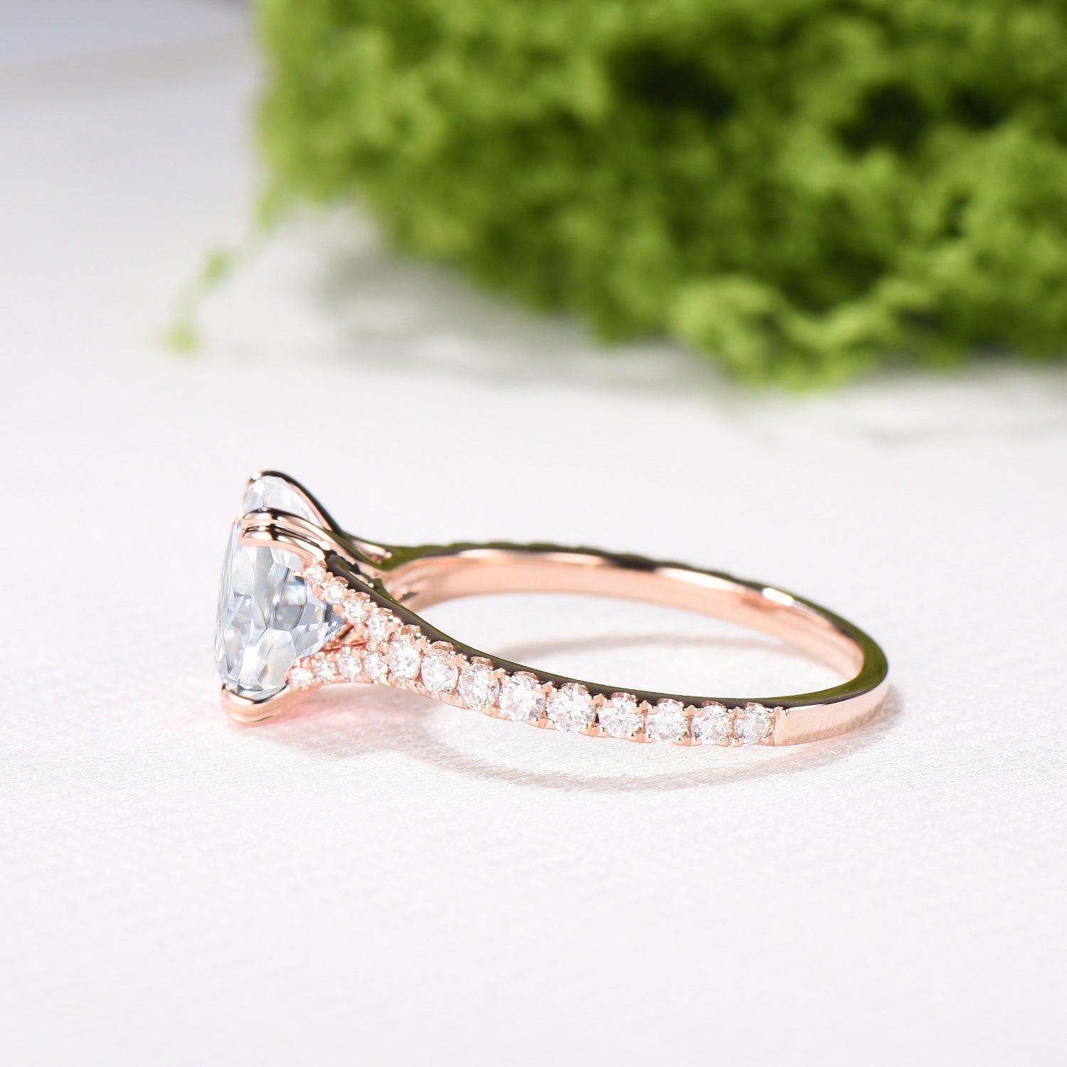 Elongated Cushion Cut Moissanite Engagement Ring, Rose Gold Pave Diamond Split Shank Ring - PENFINE