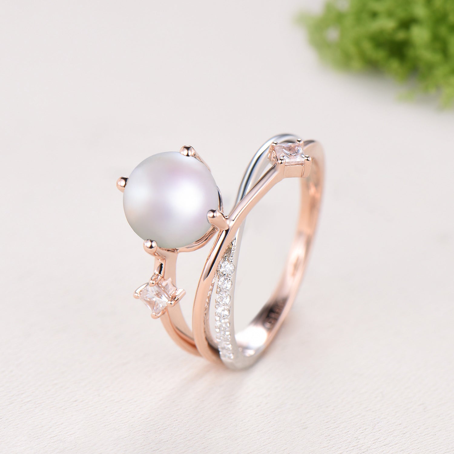 Unique Two Tone Pearl Engagement Ring , Split Shank Twisted Diamond Band
