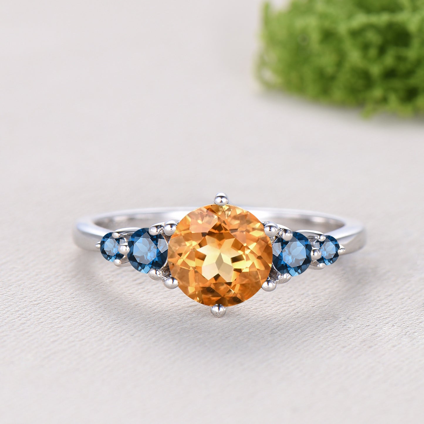 Dainty Natural Citrine Engagement Ring, Five Stone London Blue Topaz Wedding Band, November Birthstone Bridal Set