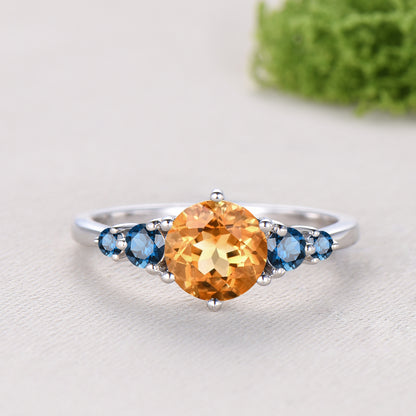 Dainty Natural Citrine Engagement Ring, Five Stone London Blue Topaz Wedding Band, November Birthstone Bridal Set