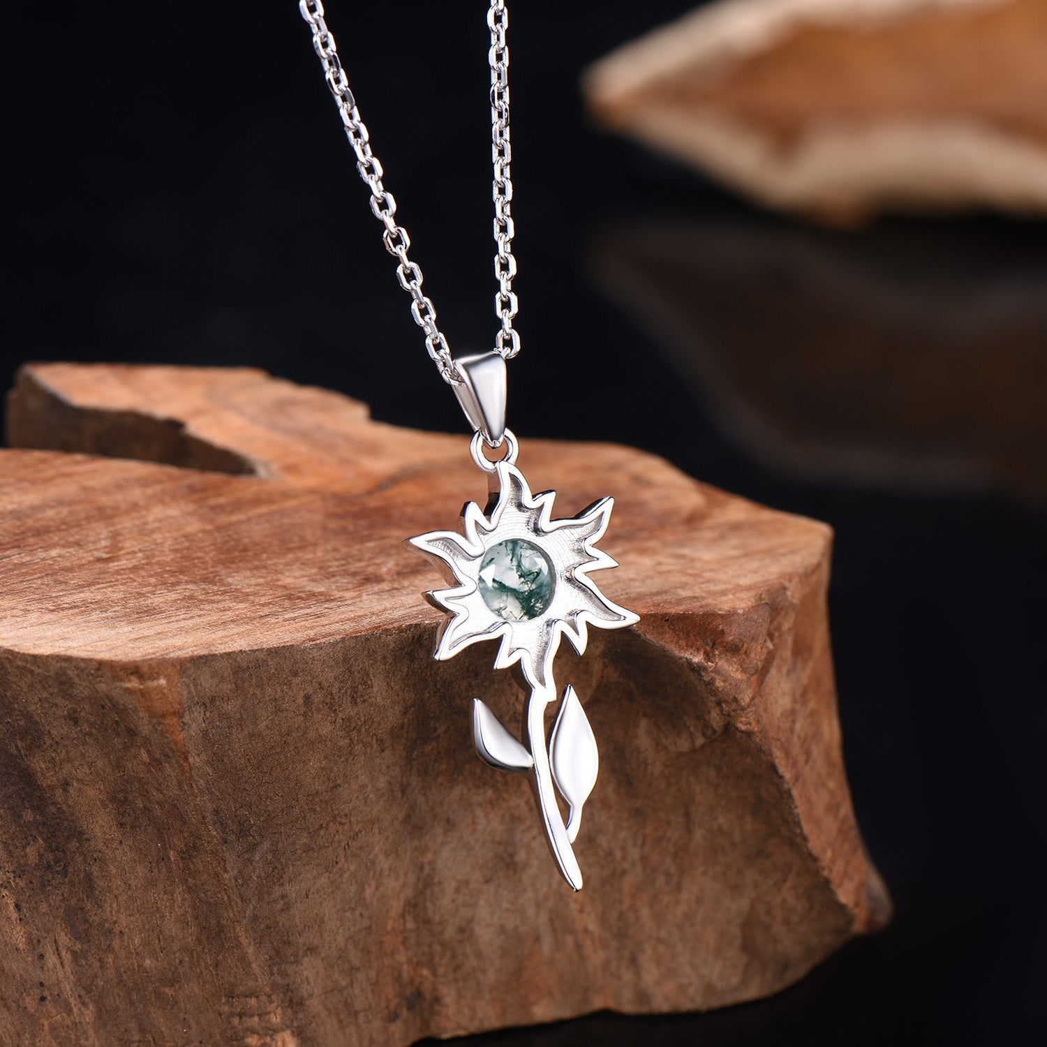 Dainty Moss Agate Sunflower Pendant Necklace, Nature Inspired 14K Gold Solitaire Charm