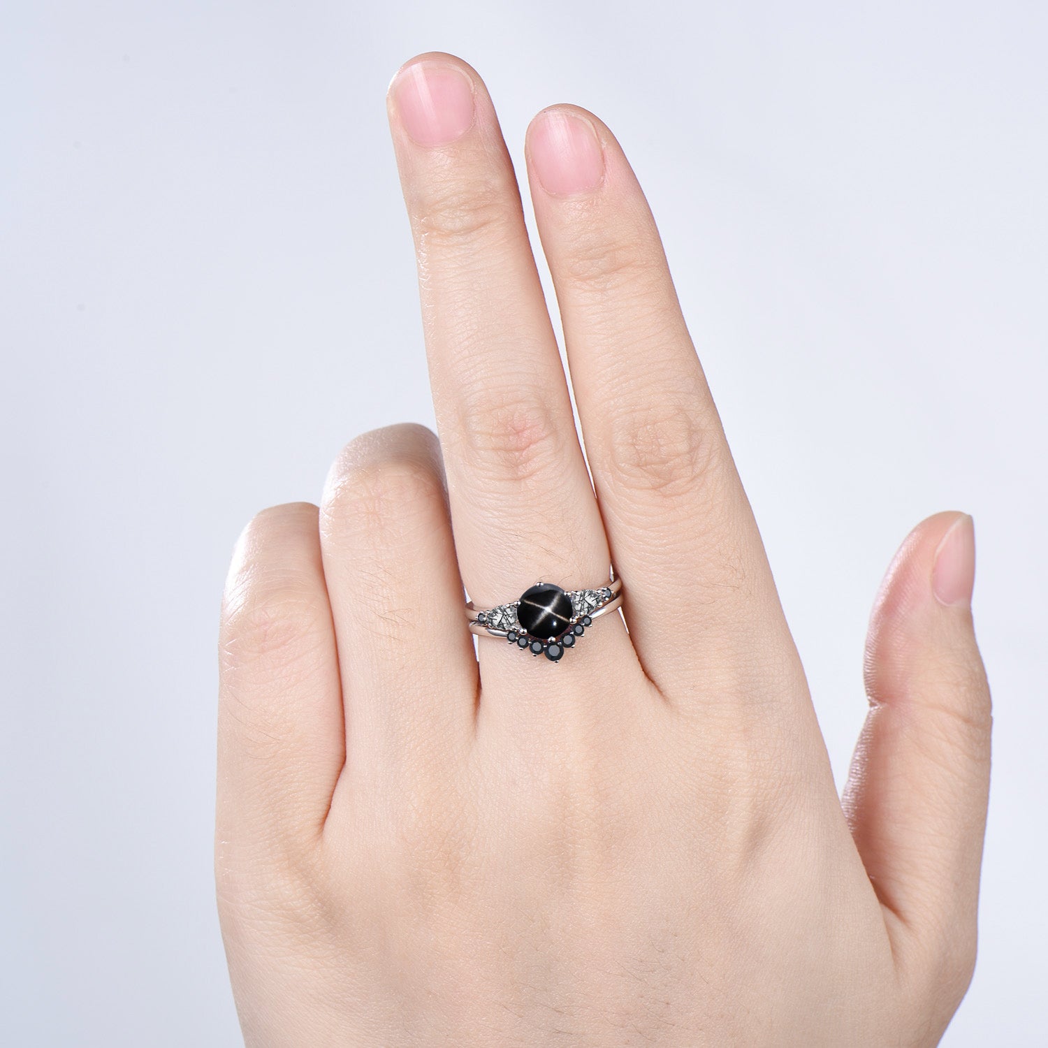 Vintage Black Star Diopside Engagement Ring Set, Pear Rutilated Quartz Wedding Bridal Set, Curved Spinel Matching Band