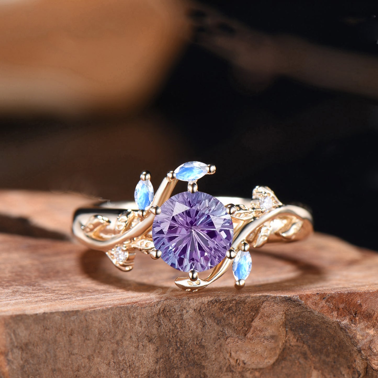 Alexandrite Engagement Ring, Marquise Gems, Twig Leaf Inspired, Handmade
