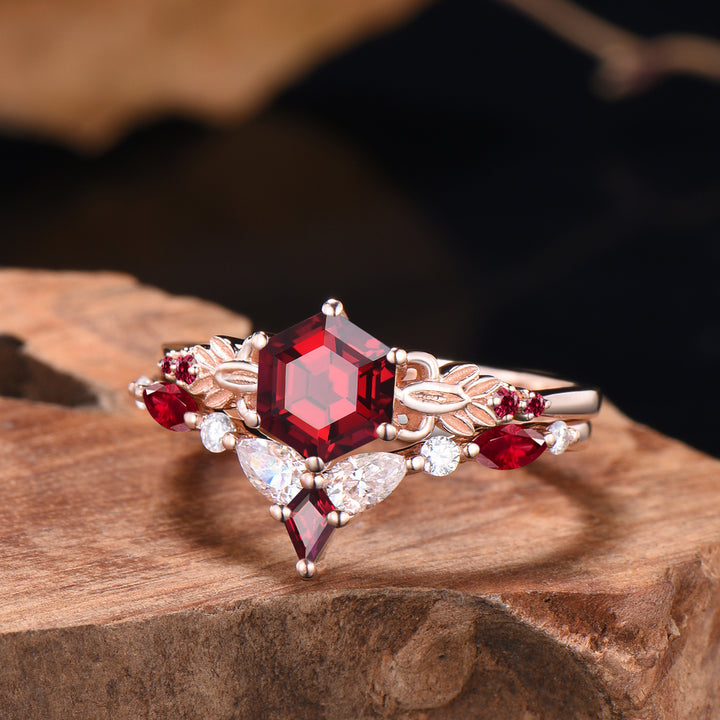 Nature Inspired Ruby Engagement Ring Set Art Deco Floral Flower Moissanite Wedding Set For Women (Copy) - PENFINE