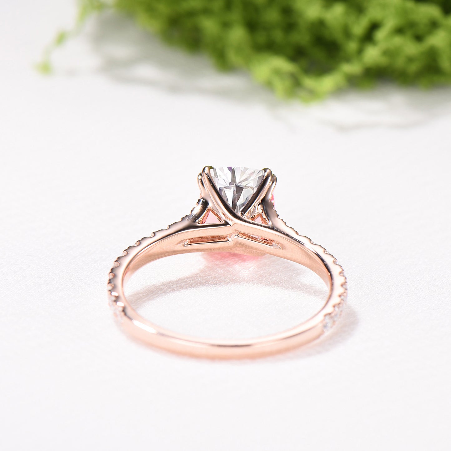 Elongated Cushion Cut Moissanite Engagement Ring, Rose Gold Pave Diamond Split Shank Ring - PENFINE