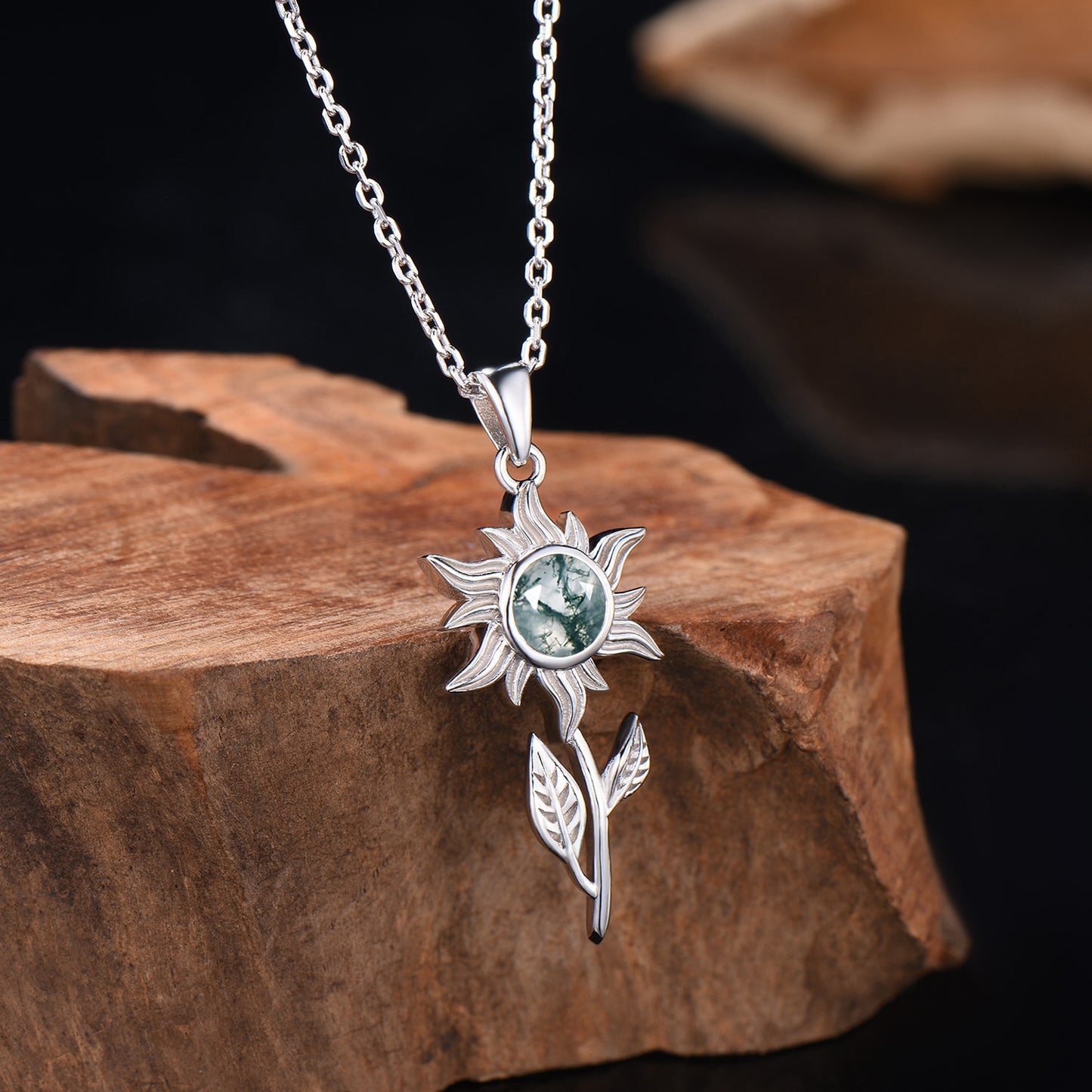 Dainty Moss Agate Sunflower Pendant Necklace, Nature Inspired 14K Gold Solitaire Charm