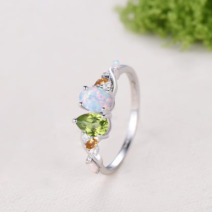 Multi Gems Pear Cut Natural Peridot Oval Cut Opal Toi et Moi Ring,Citrine Cluster Engagement Ring